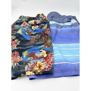 Lot of 2 Men's 2XL Swim Trunks Faded Glory Hawaiian & George Striped